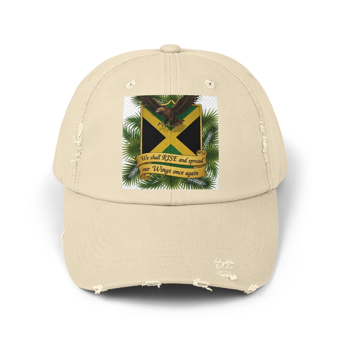 Distressed Baseball Cap — Jamaican Flag Crest with 'We shall RISE and grow our Wings once again'