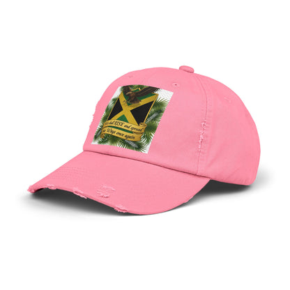 Distressed Baseball Cap — Jamaican Flag Crest with 'We shall RISE and grow our Wings once again'