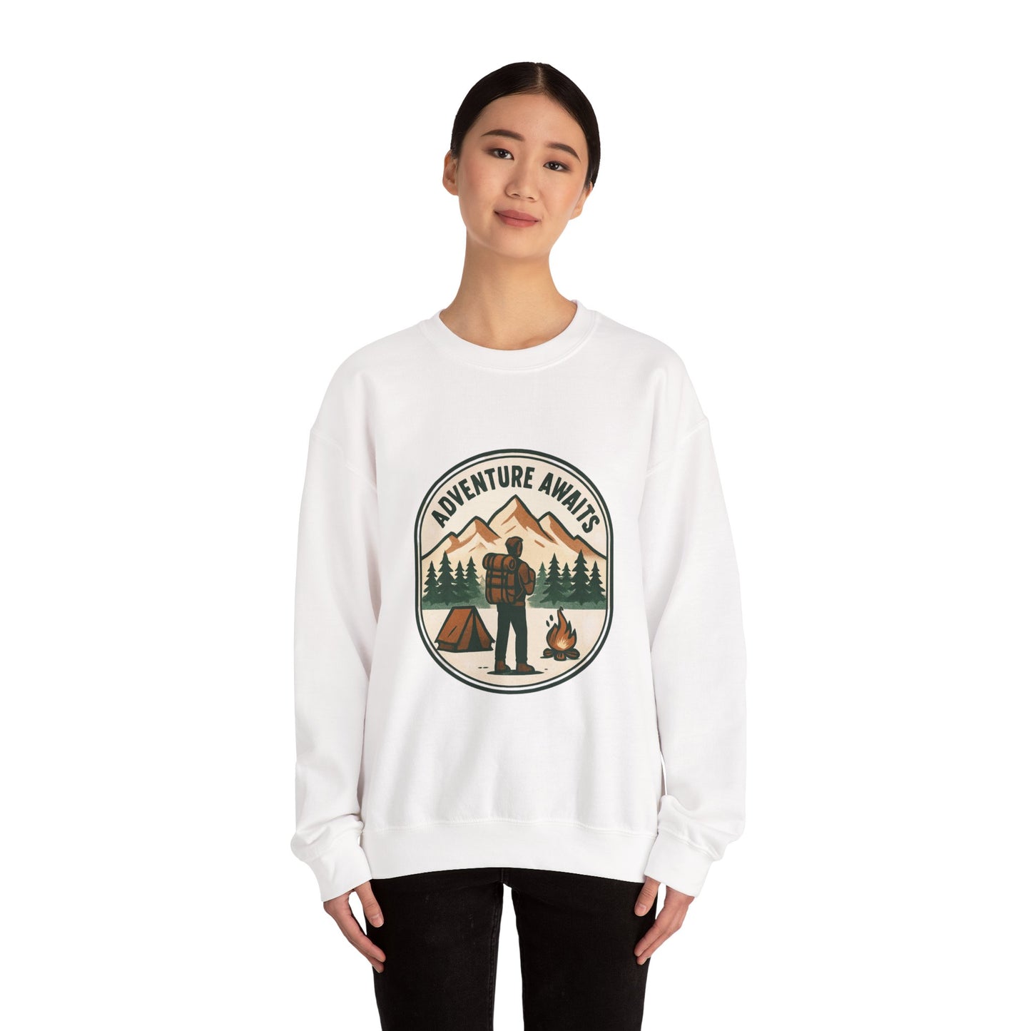 Adventure Awaits Crewneck Sweatshirt — Camping Mountain Graphic