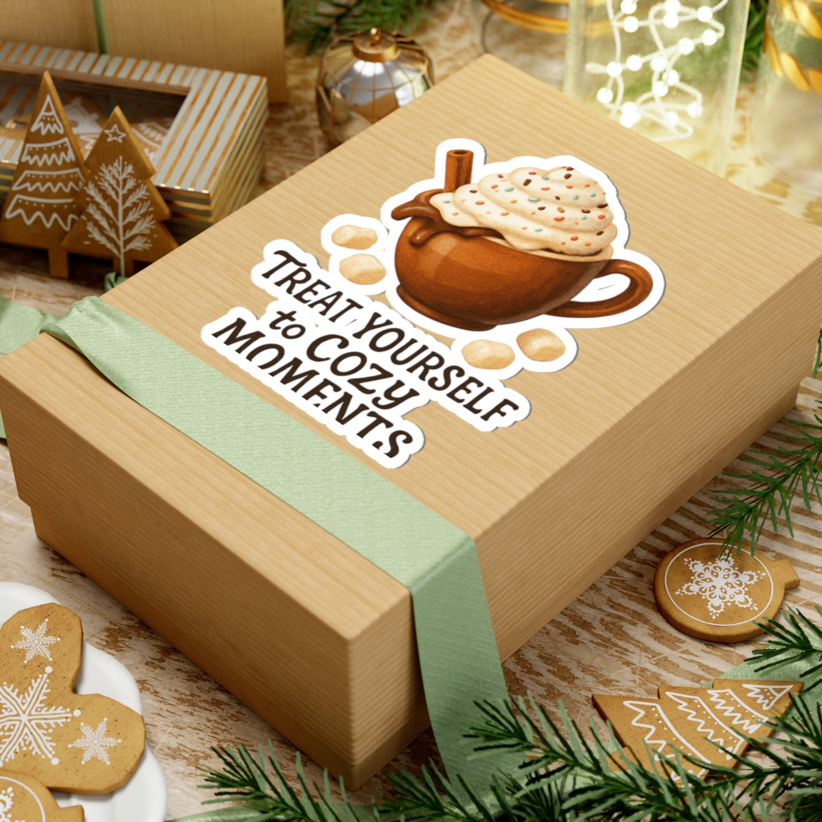 Cozy Cocoa Sticker — "Treat Yourself to Cozy Moments" Kiss-Cut Sticker