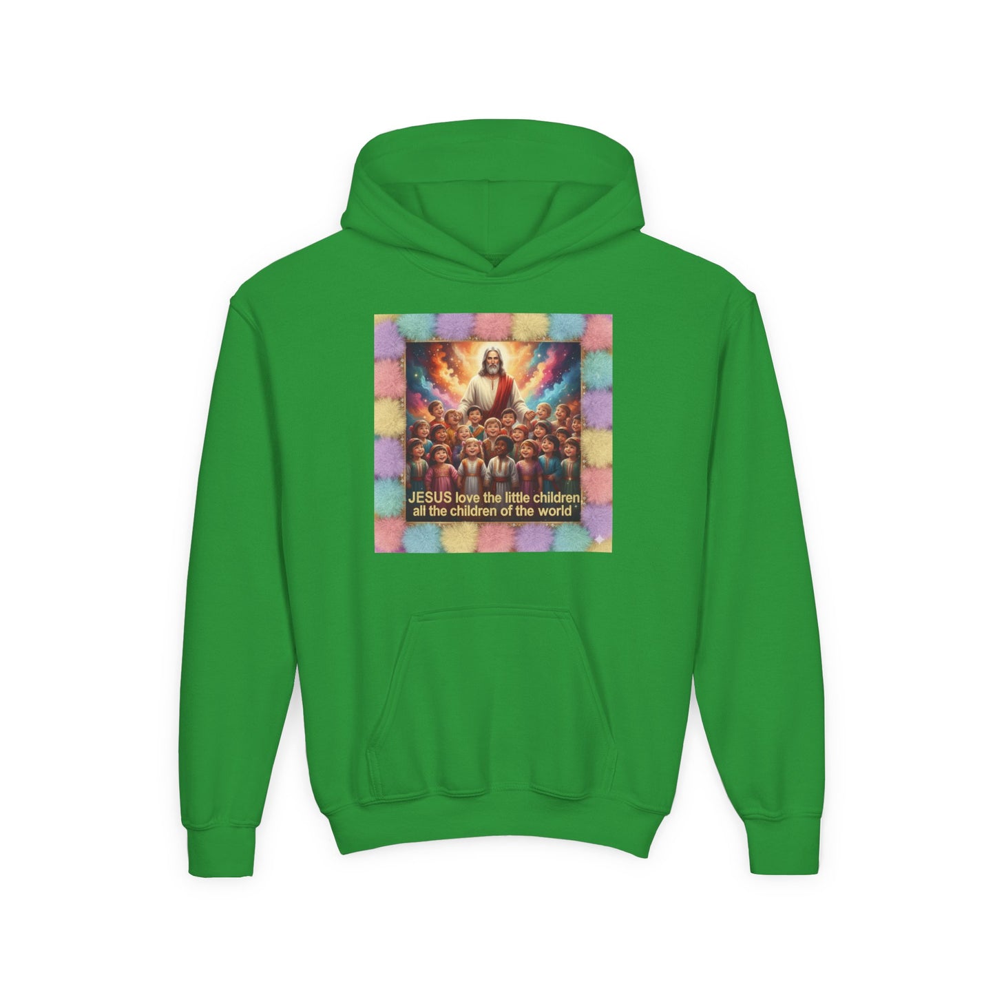 Christian Kids Hoodie — "Jesus Saw the Little Children" Colorful Faith Pullover