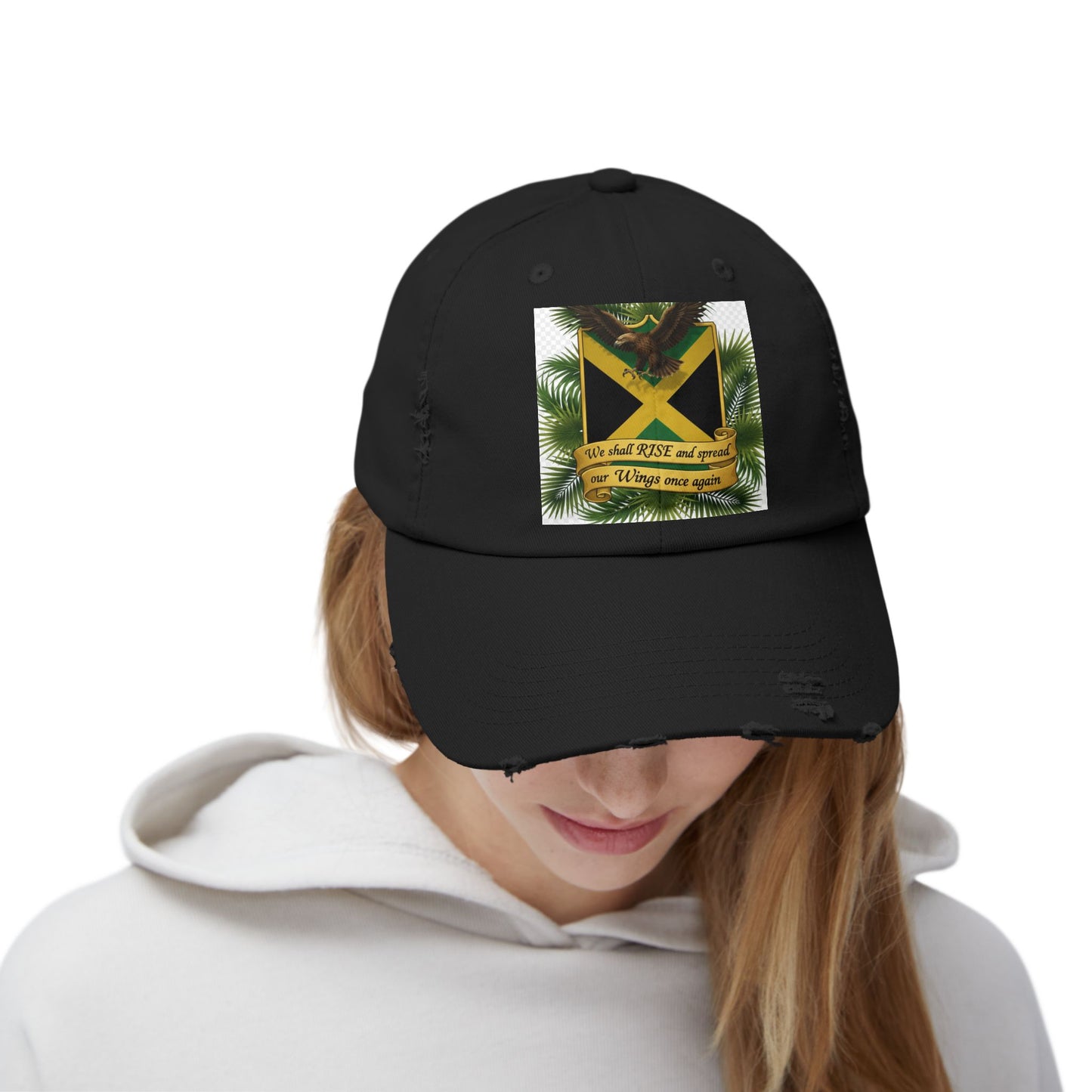 Distressed Baseball Cap — Jamaican Flag Crest with 'We shall RISE and grow our Wings once again'