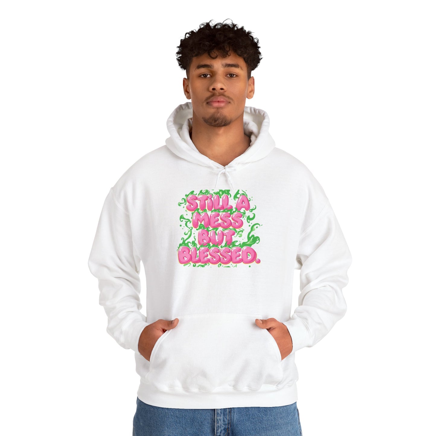 Messy But Blessed Hoodie — Cute Pink & Green Floral Graphic Sweatshirt