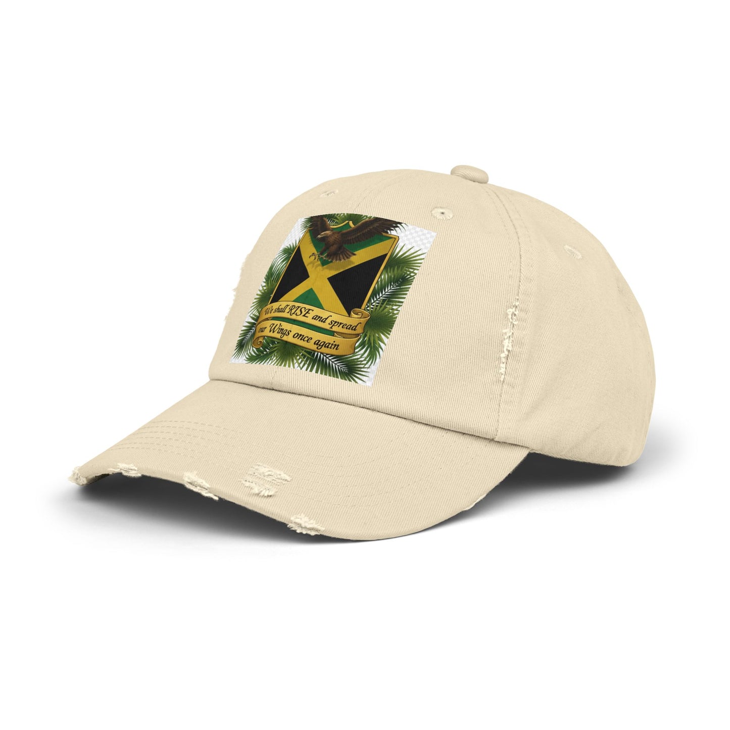 Distressed Baseball Cap — Jamaican Flag Crest with 'We shall RISE and grow our Wings once again'