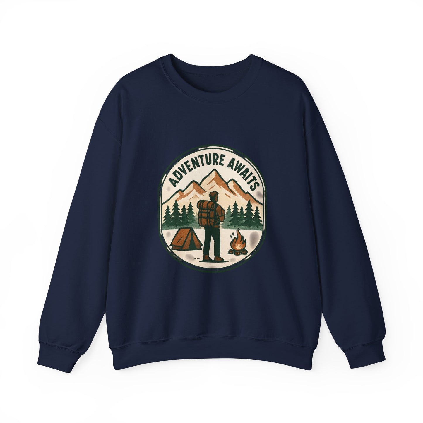 Adventure Awaits Crewneck Sweatshirt — Camping Mountain Graphic