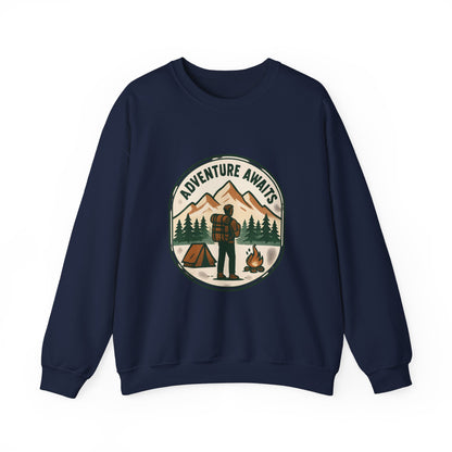 Adventure Awaits Crewneck Sweatshirt — Camping Mountain Graphic