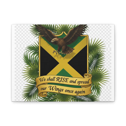 Jamaica Shield Canvas — "We Shall Rise and Spread Our Wings Once Again" Stretched Wall Art