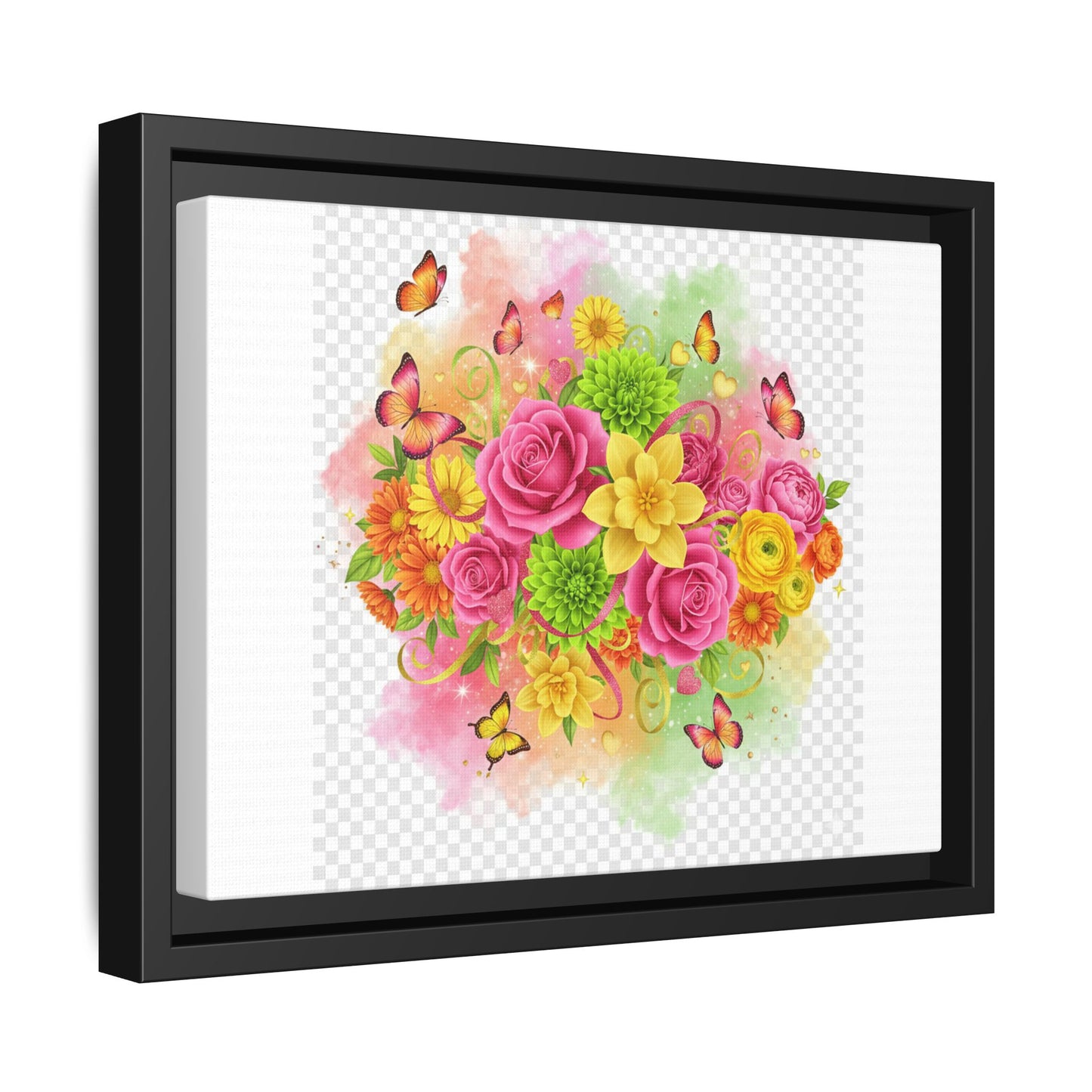 Framed Floral Bouquet Matte Canvas Wall Art — Colorful Roses & Butterflies