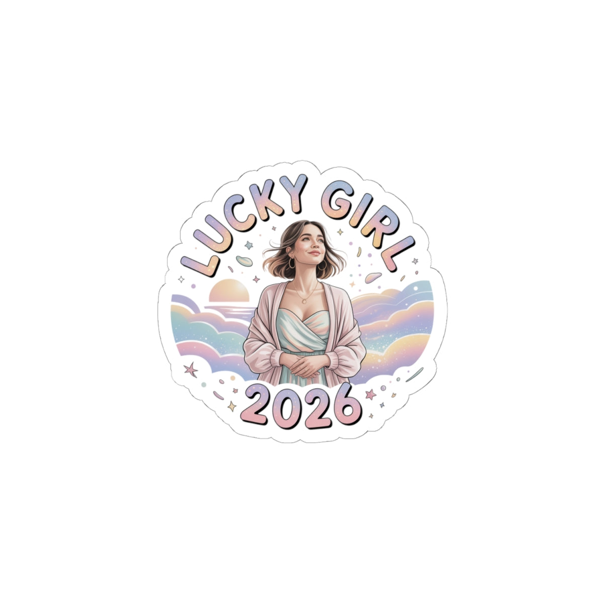 Lucky Girl 2026 Sticker | manifest luck, lucky charms, pastel metallic kiss-cut