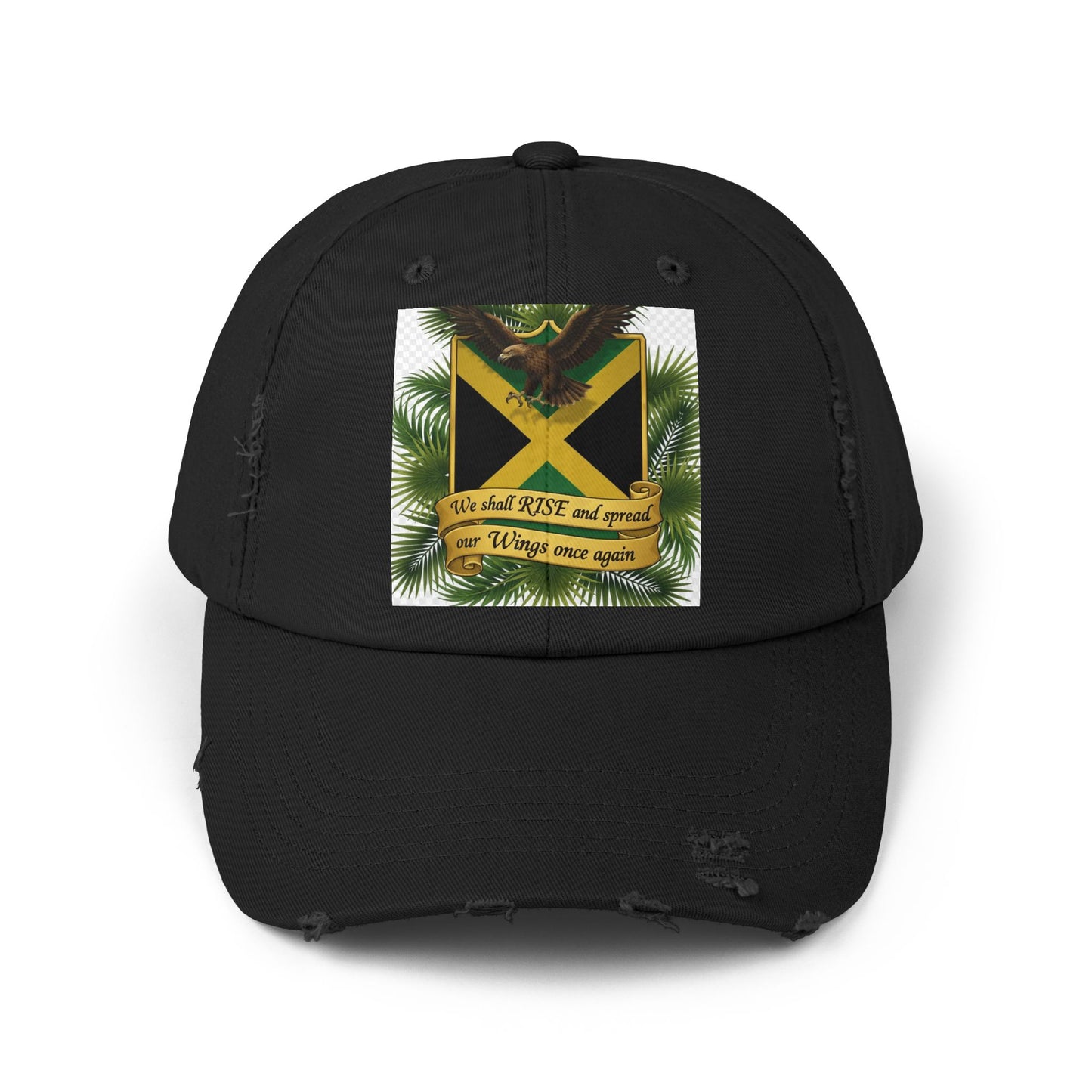 Distressed Baseball Cap — Jamaican Flag Crest with 'We shall RISE and grow our Wings once again'