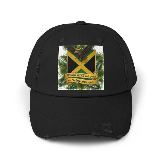Distressed Baseball Cap — Jamaican Flag Crest with 'We shall RISE and grow our Wings once again'