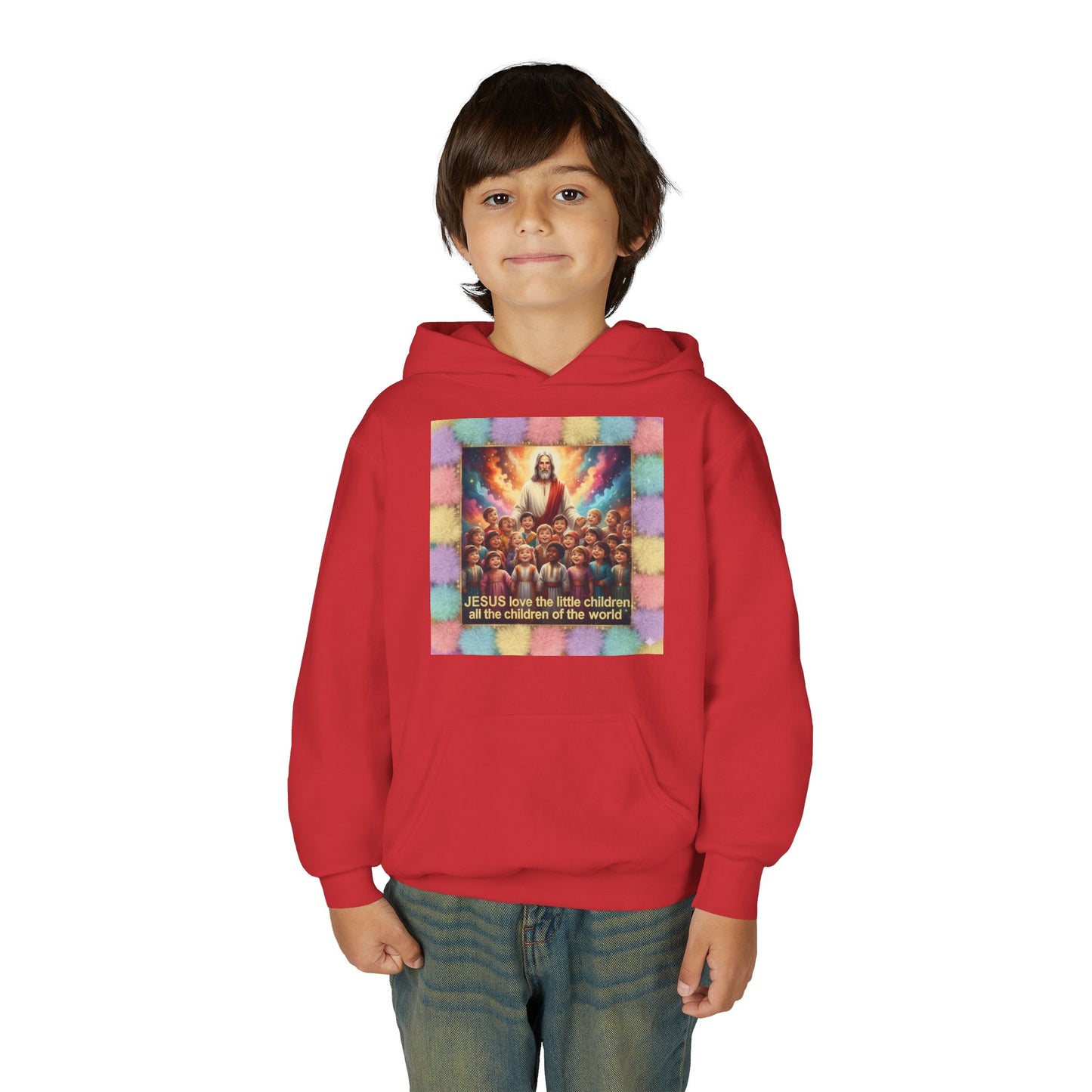 Christian Kids Hoodie — "Jesus Saw the Little Children" Colorful Faith Pullover