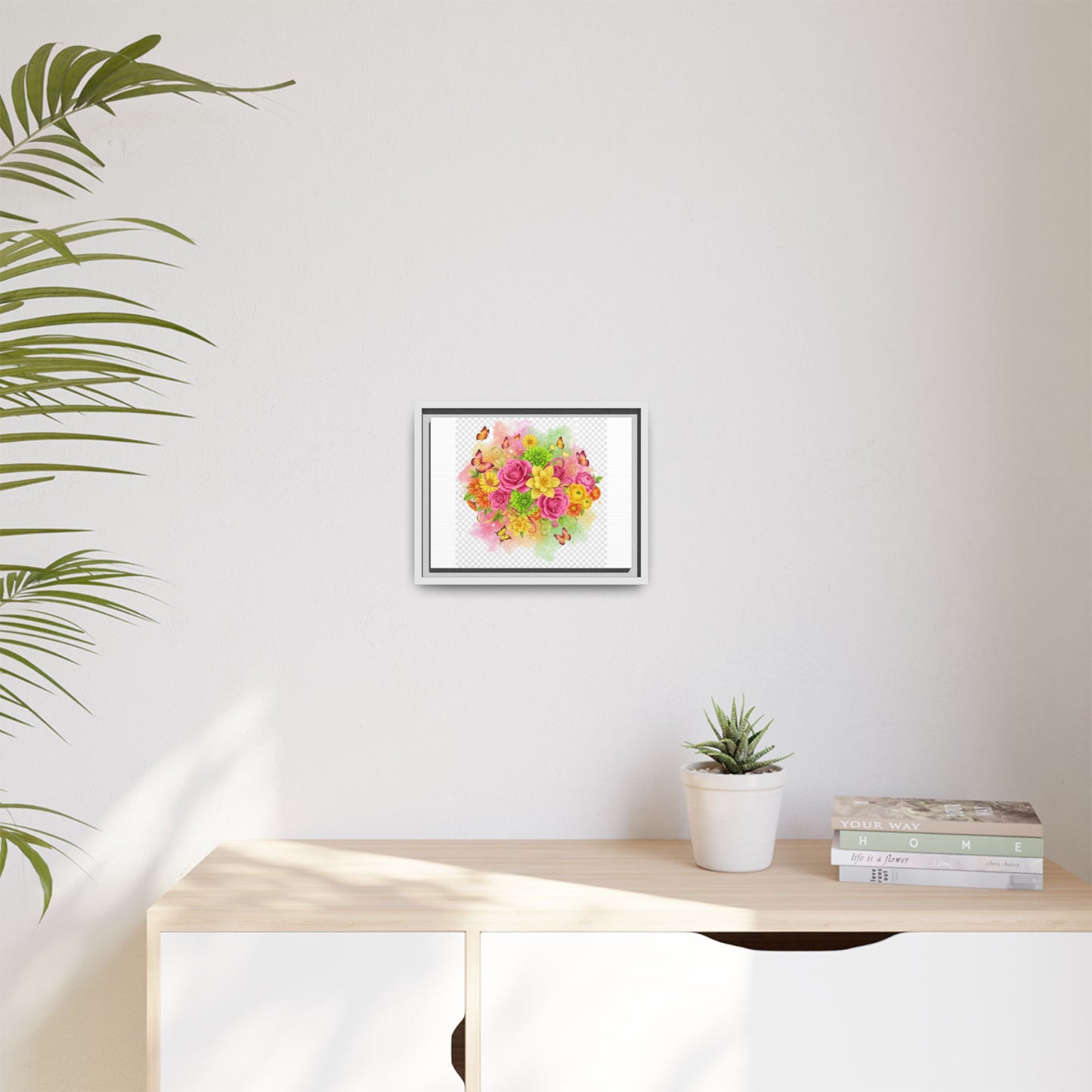Framed Floral Bouquet Matte Canvas Wall Art — Colorful Roses & Butterflies