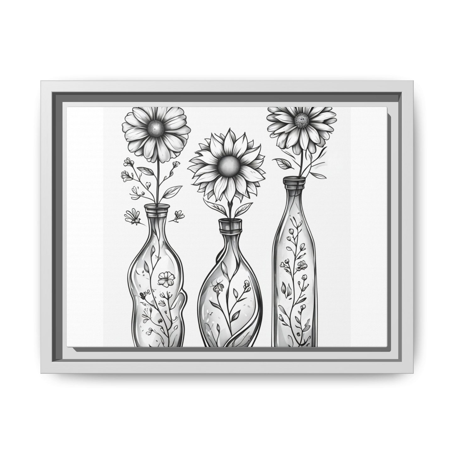 Framed Matte Canvas Floral Vases Wall Art — Black & White Sunflower Trio