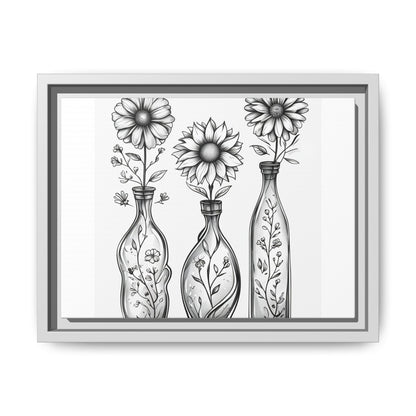 Framed Matte Canvas Floral Vases Wall Art — Black & White Sunflower Trio