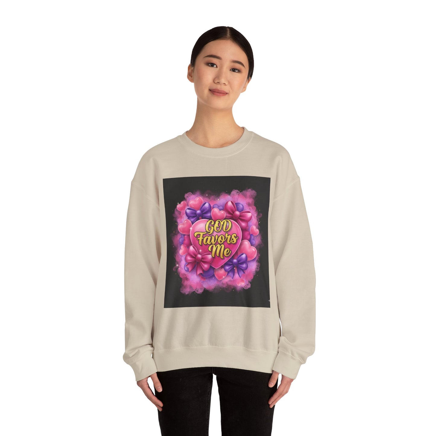 Crewneck Sweatshirt — "God Favors Me" Floral Heart Inspirational Design