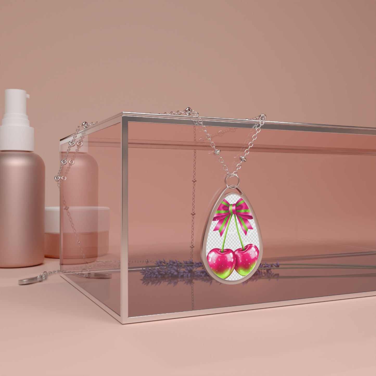 Oval Necklace — Pink Cherries Teardrop Pendant Necklace