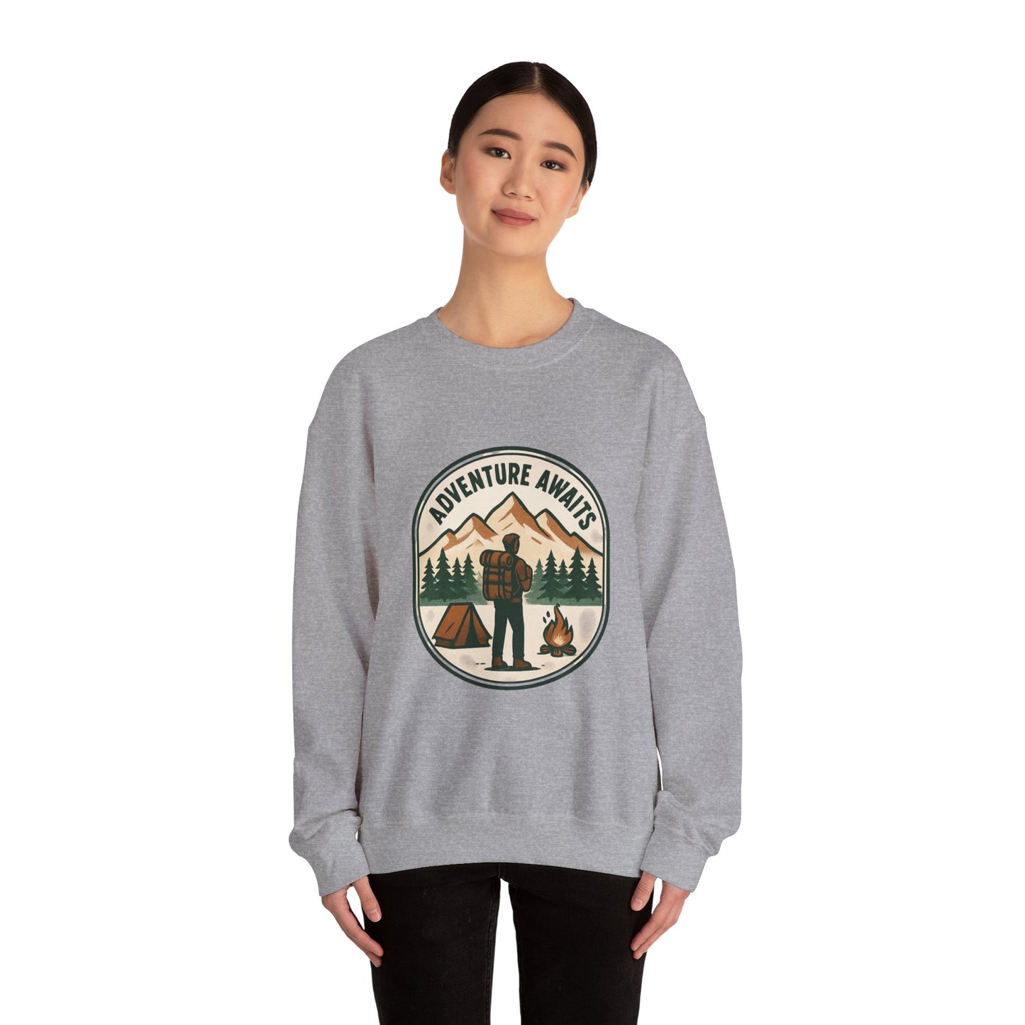 Adventure Awaits Crewneck Sweatshirt — Camping Mountain Graphic