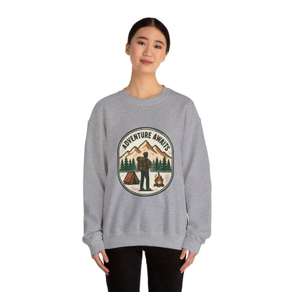 Adventure Awaits Crewneck Sweatshirt — Camping Mountain Graphic