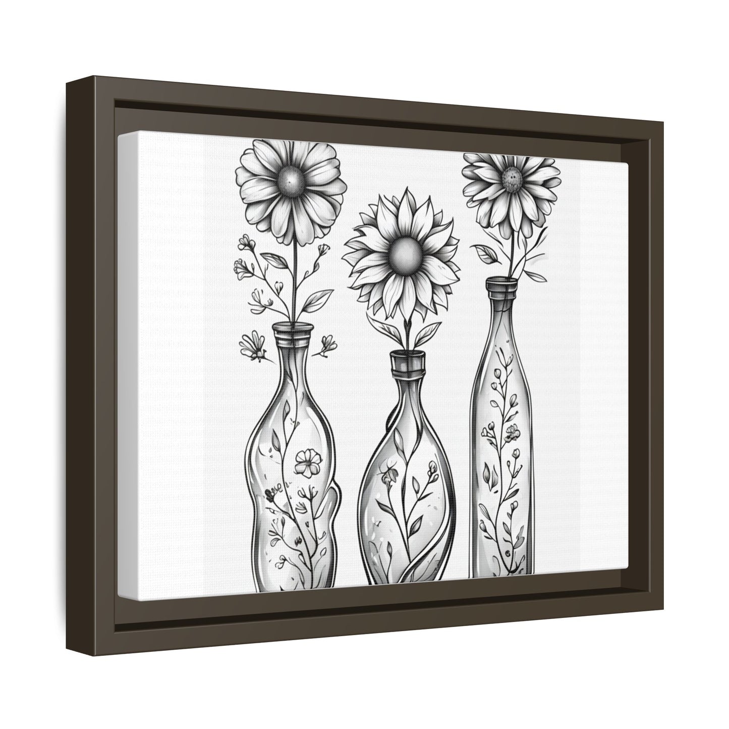 Framed Matte Canvas Floral Vases Wall Art — Black & White Sunflower Trio
