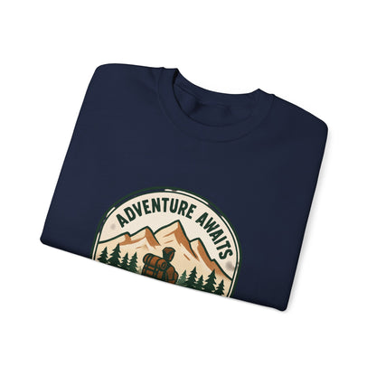 Adventure Awaits Crewneck Sweatshirt — Camping Mountain Graphic