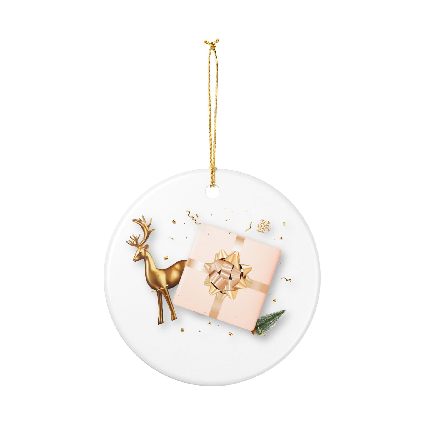 Ceramic Ornament — Gold Reindeer & Gift Holiday Christmas Tree Decoration