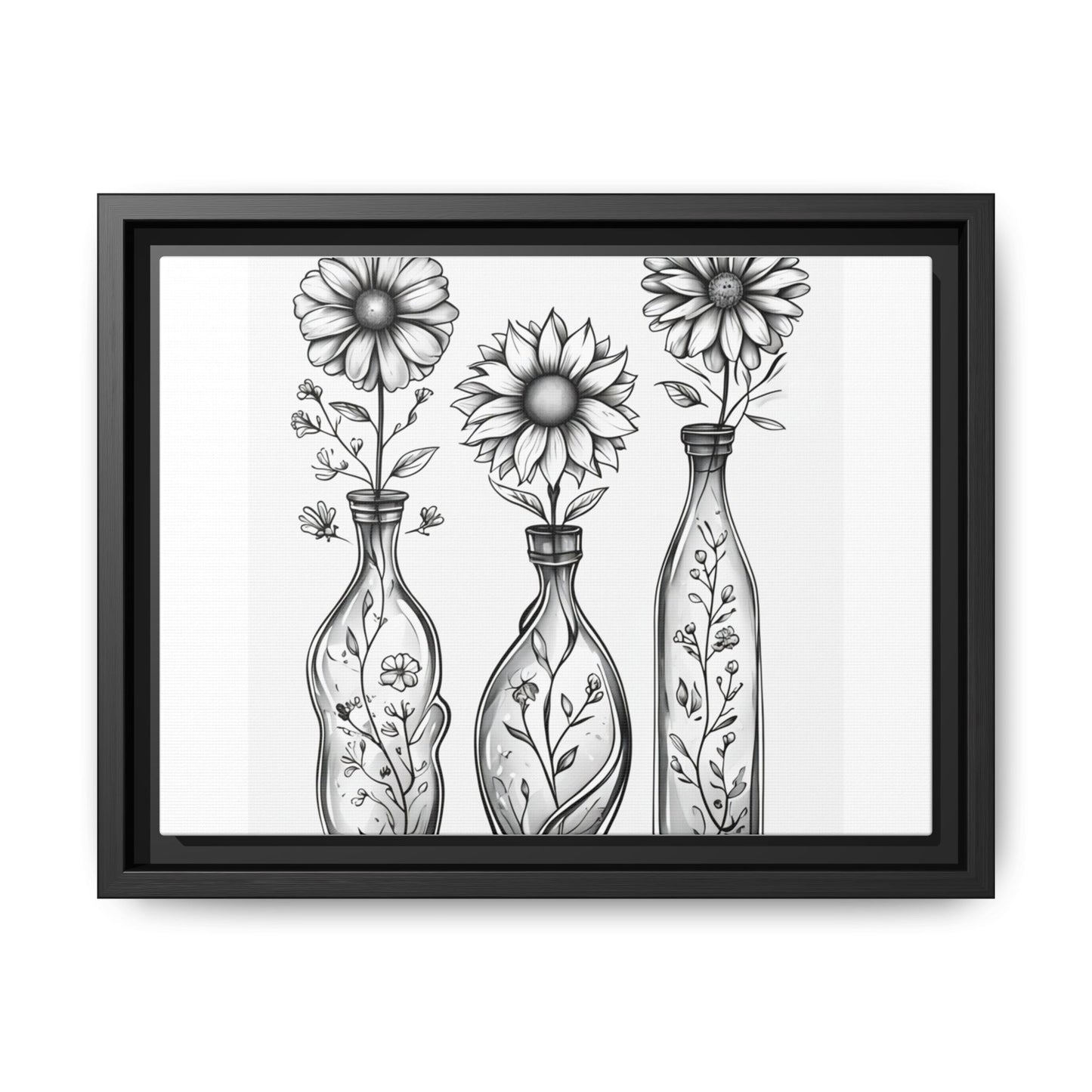 Framed Matte Canvas Floral Vases Wall Art — Black & White Sunflower Trio