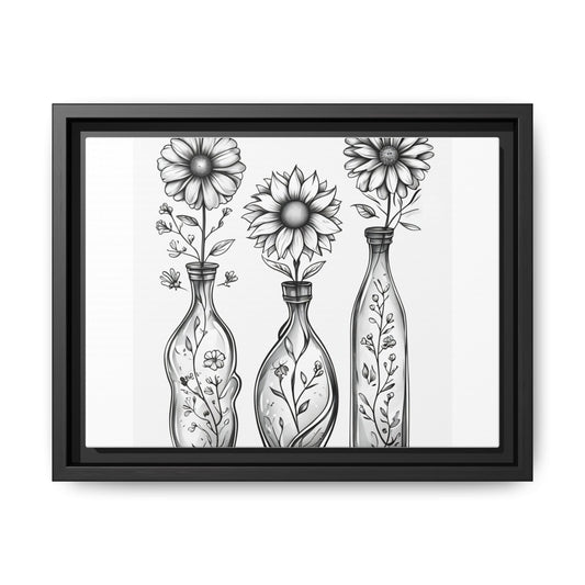 Framed Matte Canvas Floral Vases Wall Art — Black & White Sunflower Trio