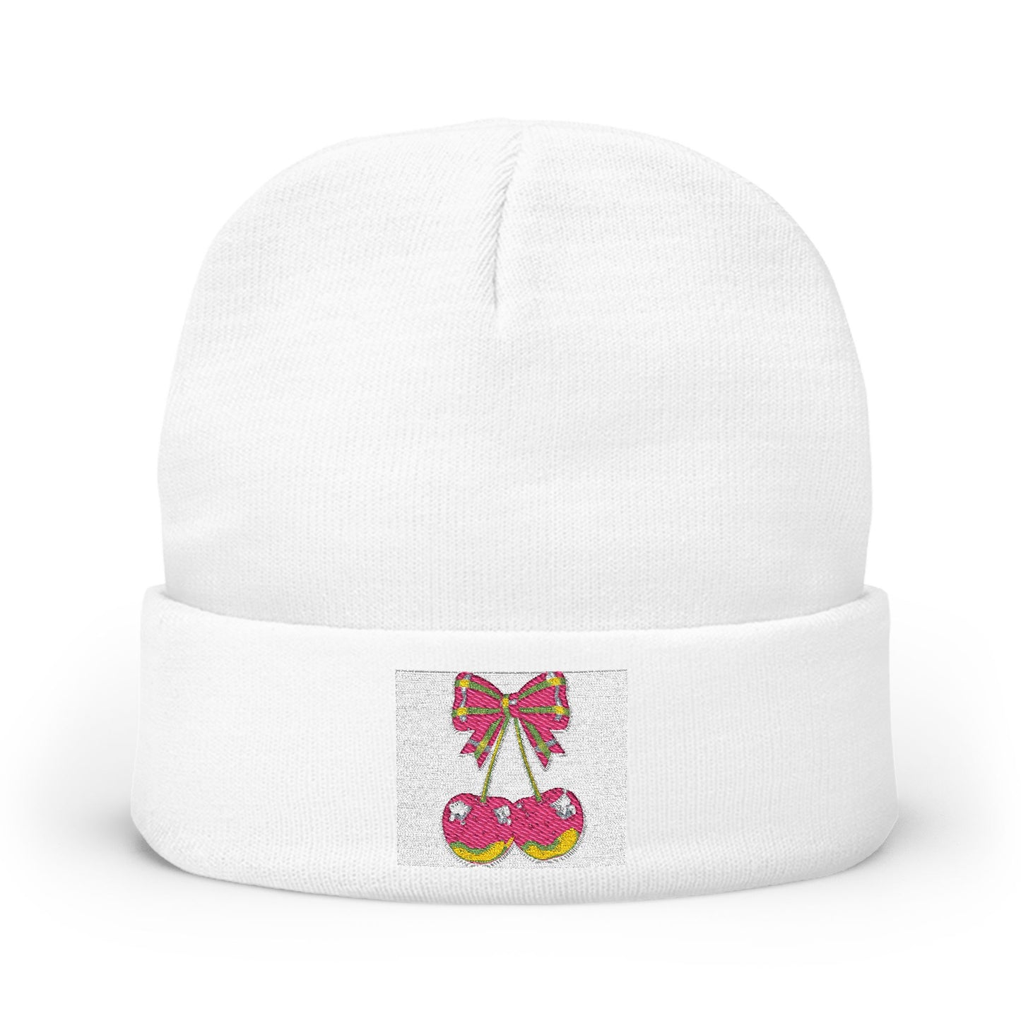 Embroidered Christmas Ornament Knit Beanie — Pink Bow Holiday Winter Hat
