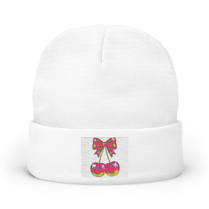 Embroidered Christmas Ornament Knit Beanie — Pink Bow Holiday Winter Hat