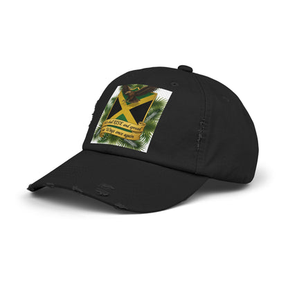 Distressed Baseball Cap — Jamaican Flag Crest with 'We shall RISE and grow our Wings once again'