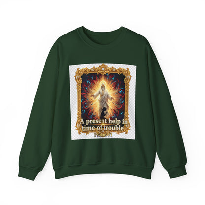 Christian Crewneck Sweatshirt — "A Present Help in Time of Trouble" Psalm 46 Design