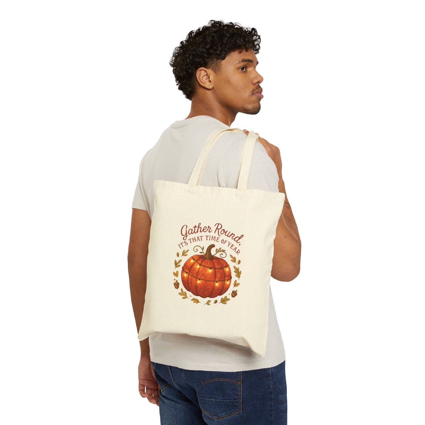 Gather Round Pumpkin Tote Bag — Fall Harvest Canvas Grocery Tote