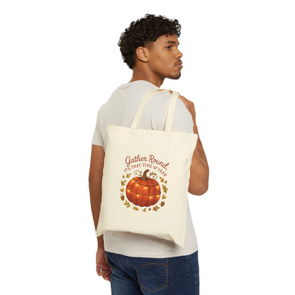 Gather Round Pumpkin Tote Bag — Fall Harvest Canvas Grocery Tote