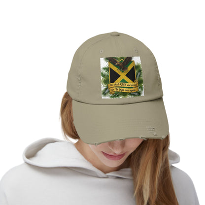 Distressed Baseball Cap — Jamaican Flag Crest with 'We shall RISE and grow our Wings once again'