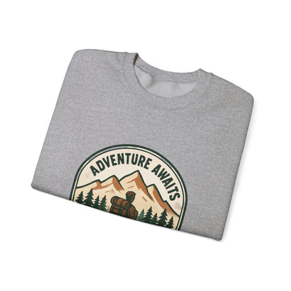 Adventure Awaits Crewneck Sweatshirt — Camping Mountain Graphic