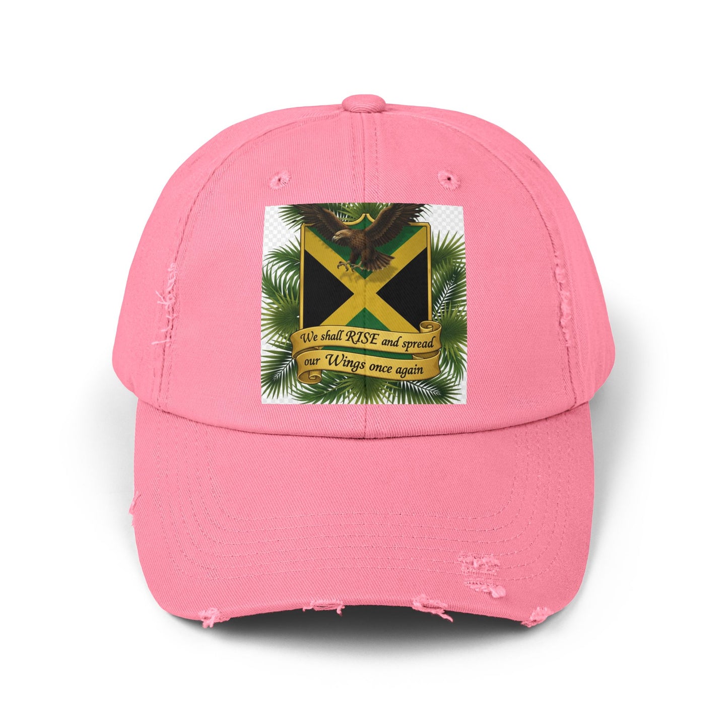 Distressed Baseball Cap — Jamaican Flag Crest with 'We shall RISE and grow our Wings once again'