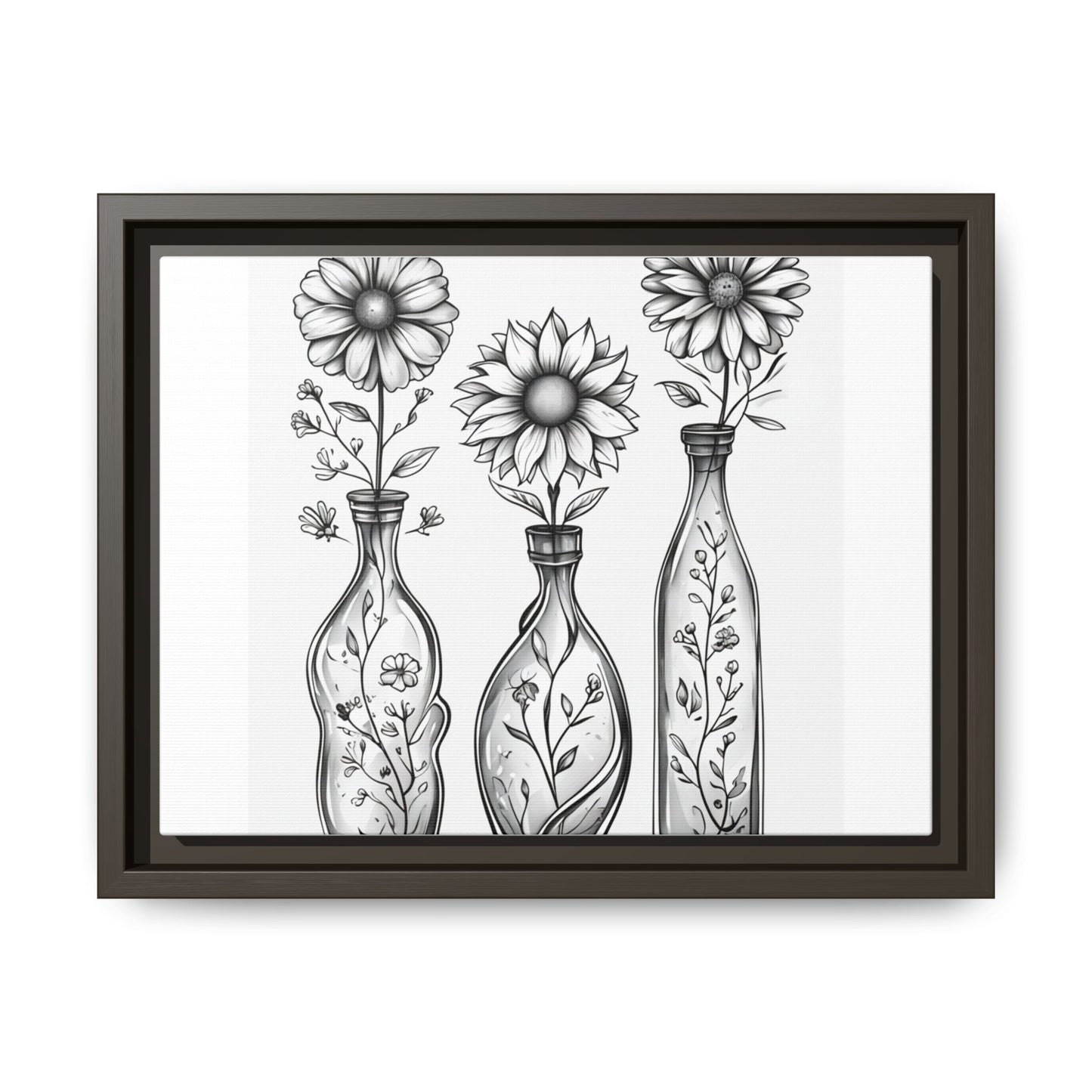 Framed Matte Canvas Floral Vases Wall Art — Black & White Sunflower Trio