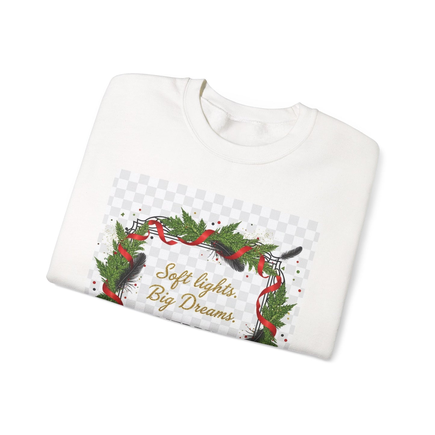 Merry Everything Wreath Crewneck Sweatshirt — "Soft lights, Big Dreams" Holiday Pullover