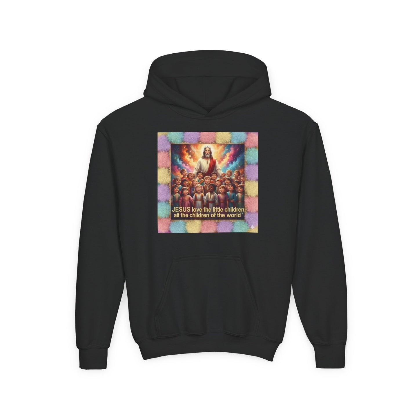 Christian Kids Hoodie — "Jesus Saw the Little Children" Colorful Faith Pullover