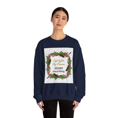 Merry Everything Wreath Crewneck Sweatshirt — "Soft lights, Big Dreams" Holiday Pullover