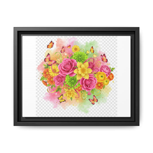 Framed Floral Bouquet Matte Canvas Wall Art — Colorful Roses & Butterflies