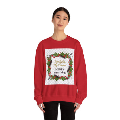 Merry Everything Wreath Crewneck Sweatshirt — "Soft lights, Big Dreams" Holiday Pullover