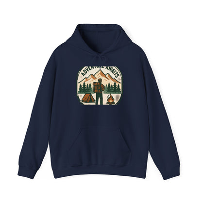 Adventure Awaits Hoodie – Retro Camping Graphic Hooded Sweatshirt