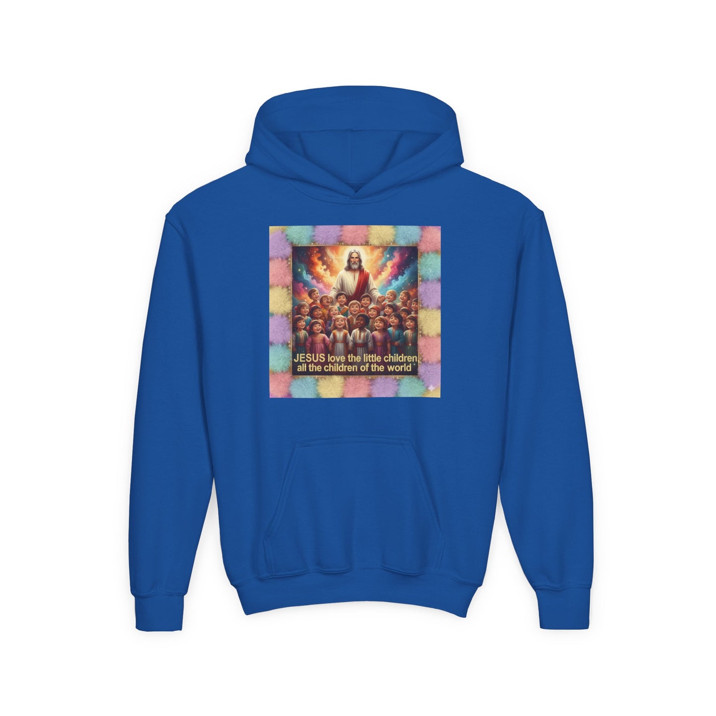Christian Kids Hoodie — "Jesus Saw the Little Children" Colorful Faith Pullover