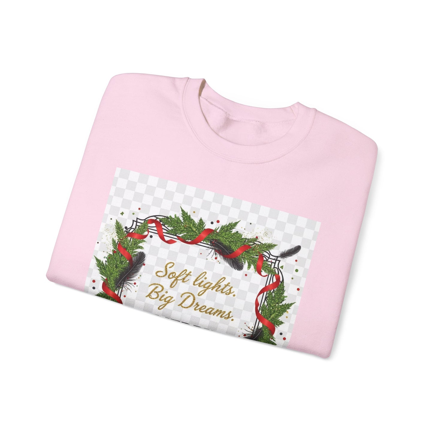 Merry Everything Wreath Crewneck Sweatshirt — "Soft lights, Big Dreams" Holiday Pullover