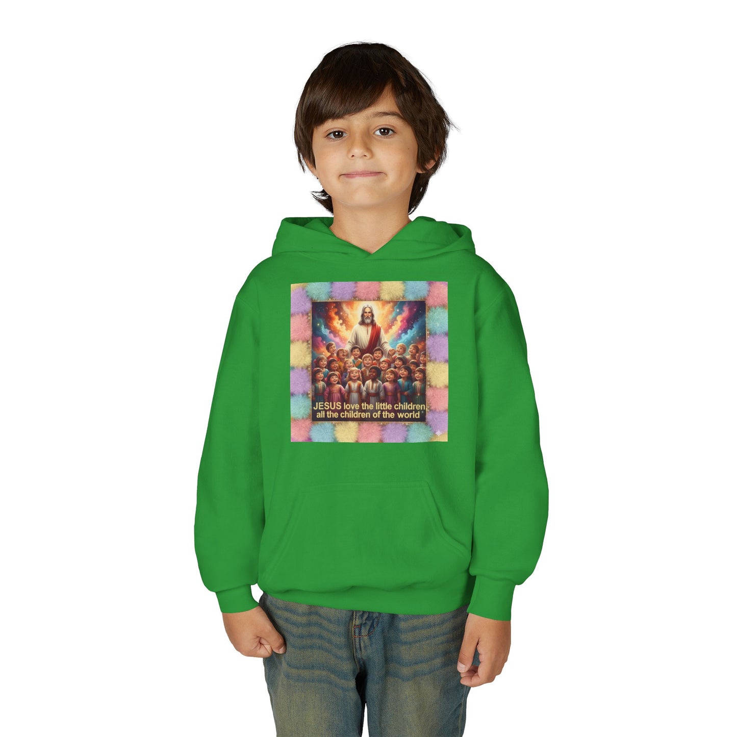 Christian Kids Hoodie — "Jesus Saw the Little Children" Colorful Faith Pullover