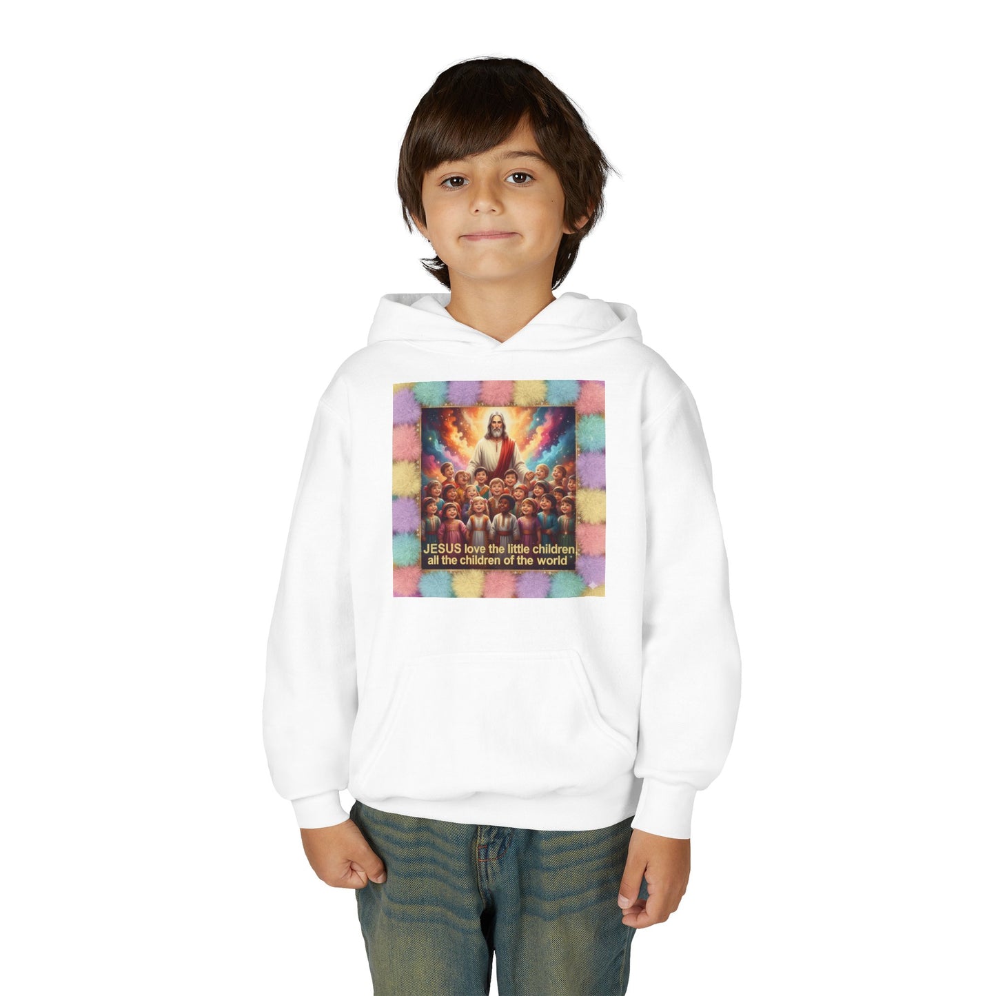 Christian Kids Hoodie — "Jesus Saw the Little Children" Colorful Faith Pullover