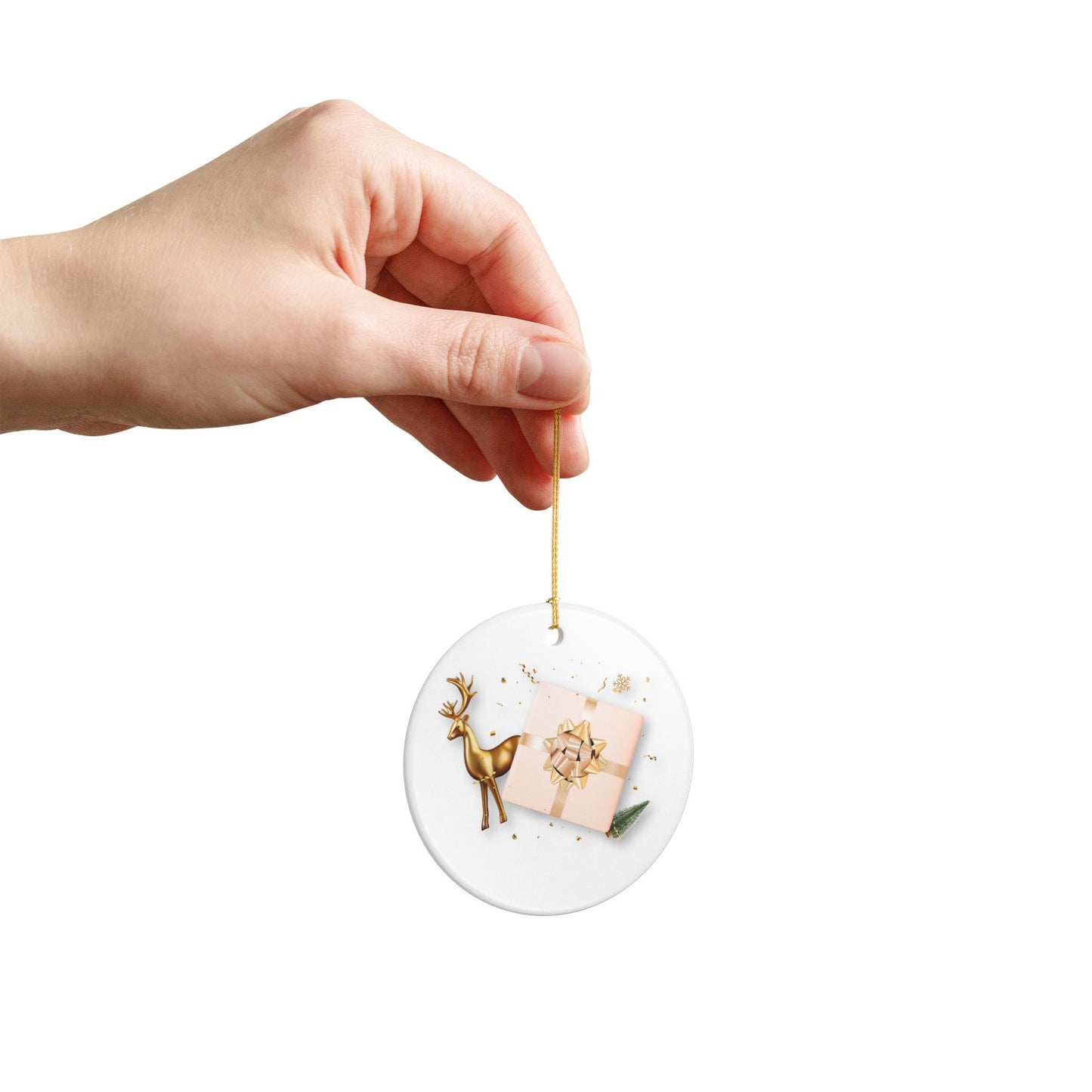 Ceramic Ornament — Gold Reindeer & Gift Holiday Christmas Tree Decoration