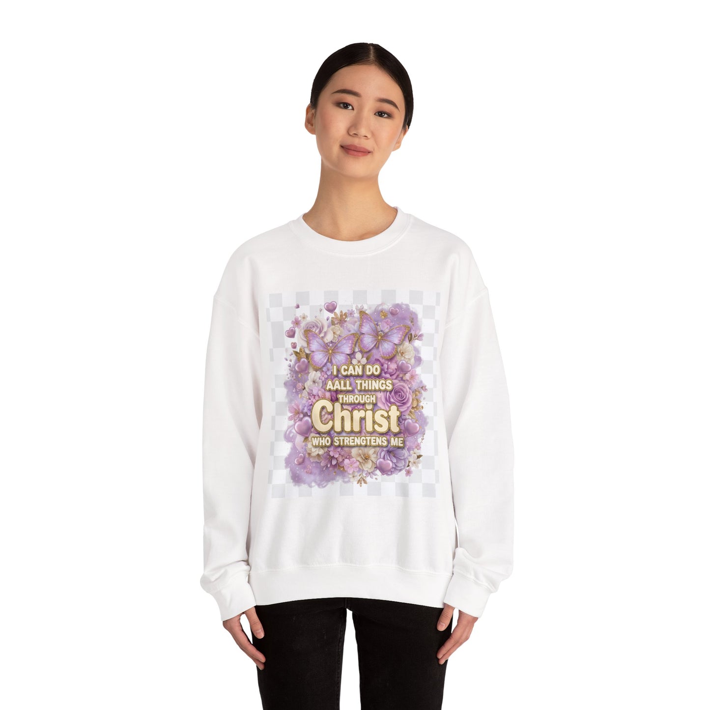 Crewneck Sweatshirt — "I Can Do All Things Through Christ" Floral Christian Prayer Pullover